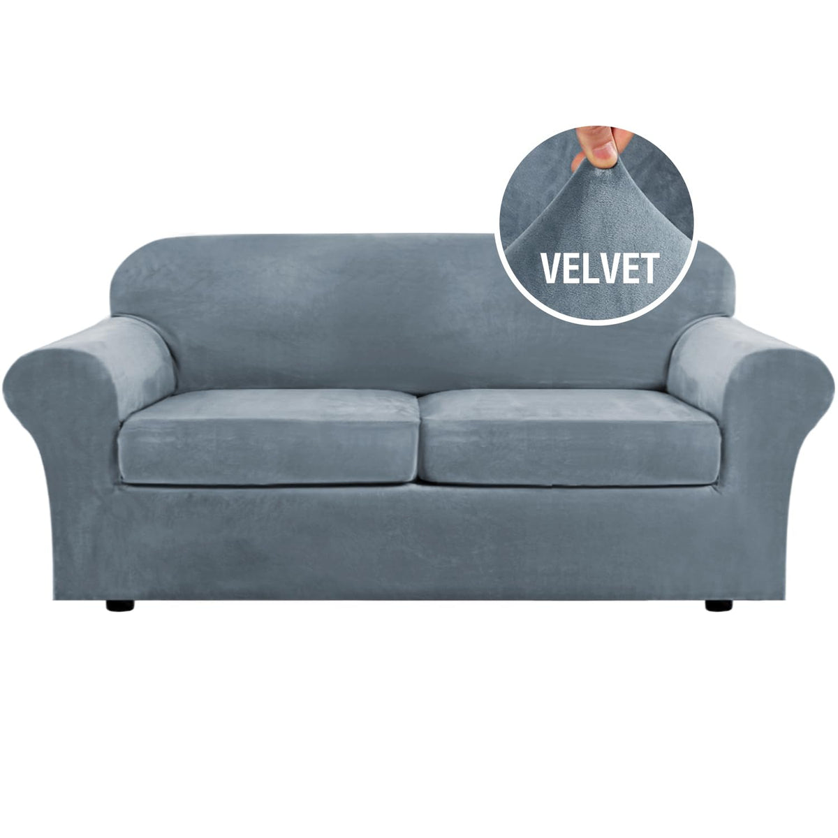 H.VERSAILTEX 4 Pieces Thick Velvet Sofa Covers Couch Covers for 3 Cushion Couch Sofa High Stretch Slipcovers Furniture Protector Form Fit Luxury Couch Cover for Dogs Width Up to 90 Inch(Sofa,Grey)