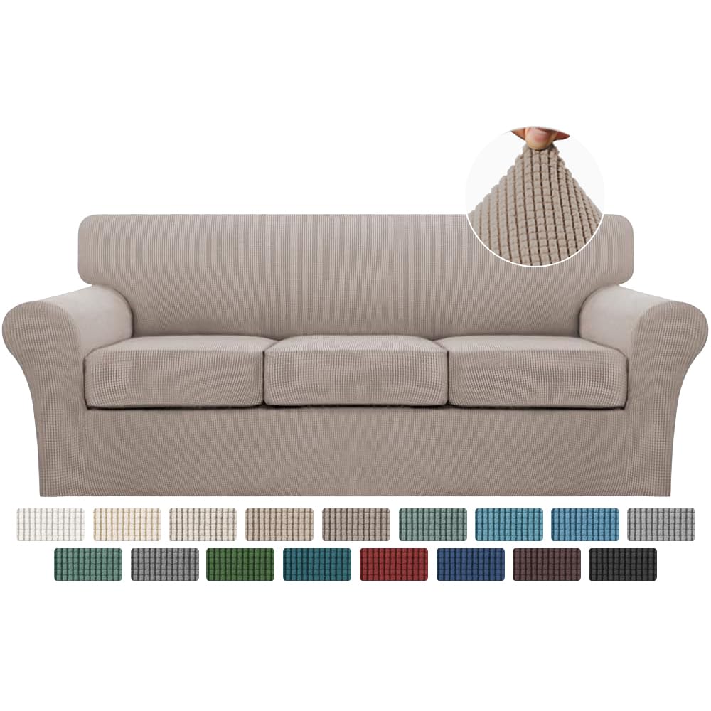 Turquoize 4 Piece Couch Cover Sofa Covers for 3 Cushion Couch Sofa Slipcovers Washable Sofa Cover for Dogs with Individual Couch Cushion Covers Feature Jacquard Fabric(3 Cushion Sofa, Biscotti Beige)