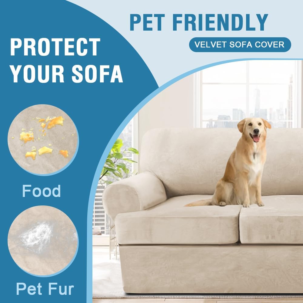 H.VERSAILTEX Sofa Cover 4 Piece T Cushion Sofa Slipcovers Couch Cover Furniture Protector Stretch T Cushion Sofa Covers for 3 Cushion Couch with 3 Individual T Cushion Covers, Ivory