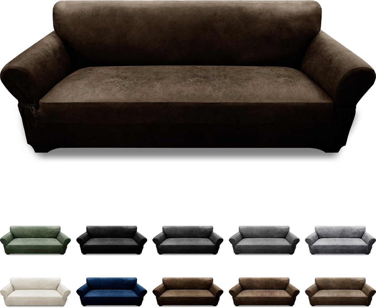 Couch Cover Leather Look 3 Seater Couch Sofa Cover 1-Piece Sofa Slipcover Stretch Furniture Protector with Elastic Bottom & Pockets(Sofa, Coffee)