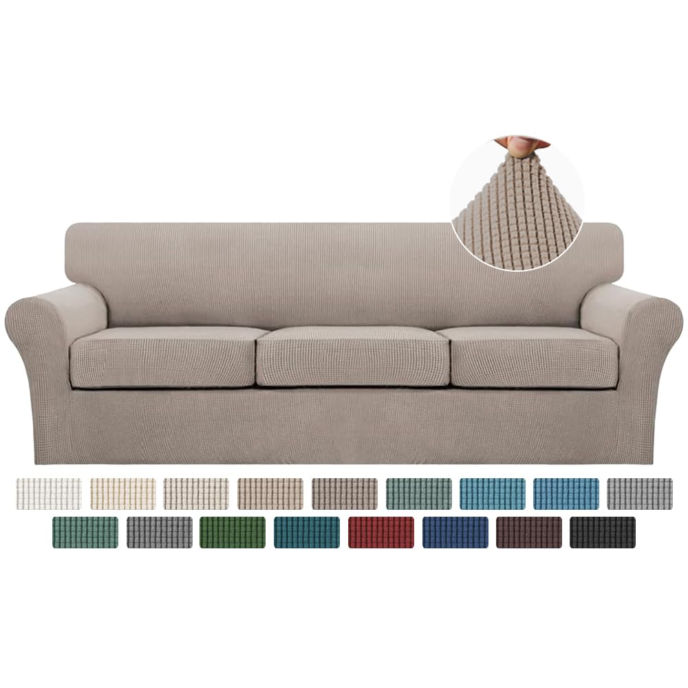 Turquoize 4 Piece Couch Cover Sofa Covers for 3 Cushion Couch Sofa Slipcovers Washable Sofa Cover for Dogs with Individual Couch Cushion Covers Feature Jacquard Fabric(3 Cushion Sofa, Biscotti Beige)