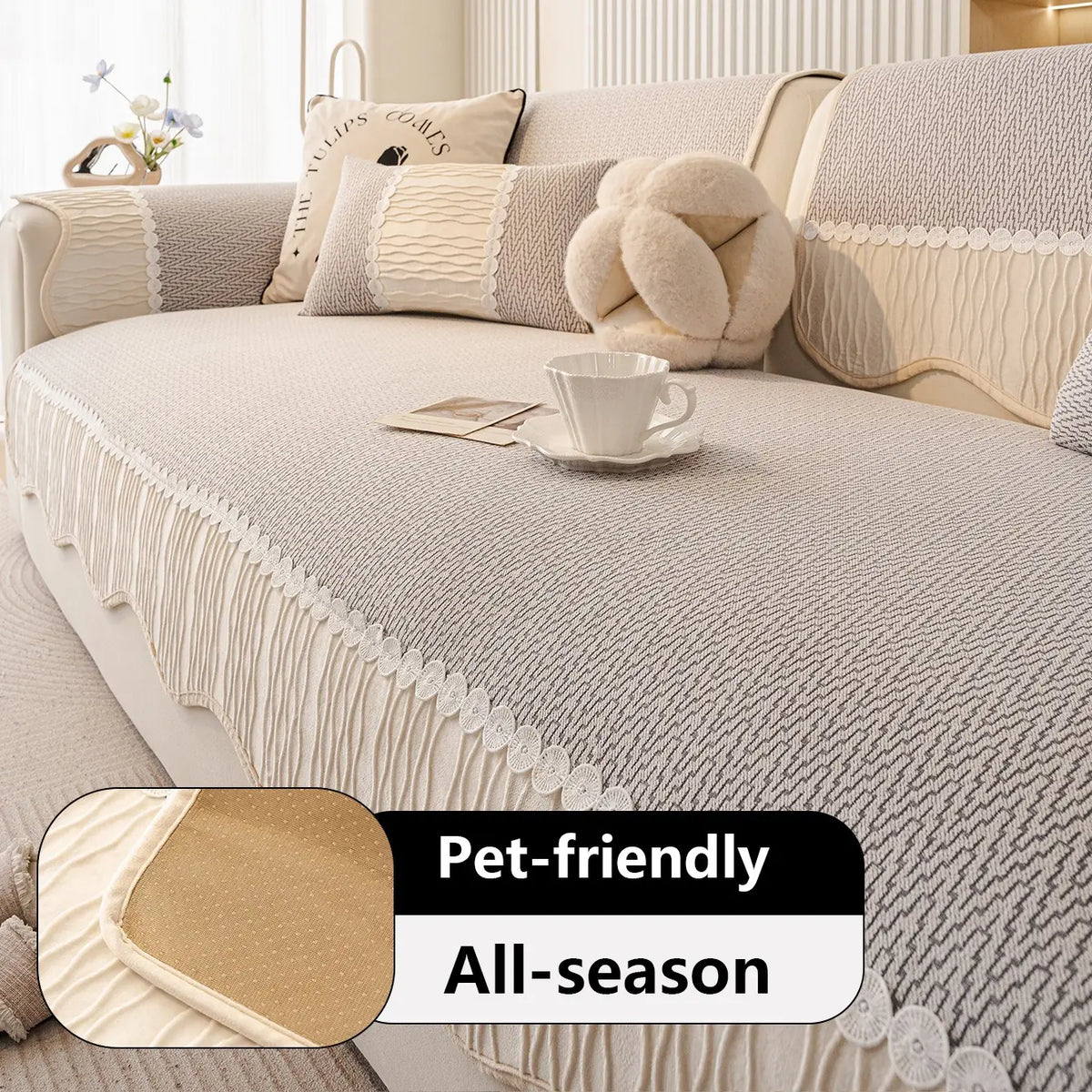 French Cream Snow Nourish Sofa Cushion, Non-Slip Cat Scratch Resistant, All-Season Use, Reusable Sofa Cover Seat Pad