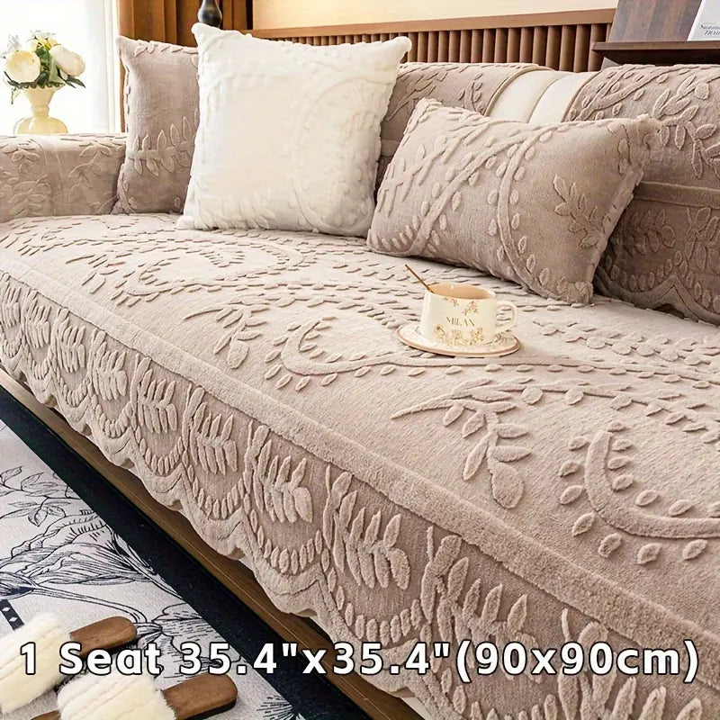 1pc of Artificial Rabbit Fur Soft And Comfortable Cushion Kit- Elegant Beige Flower And Leaf Pattern, Paired with a Pillow to Place on Top, Non Slip, Machine Washable Protective Cover, Suitable for Sofas of 1 to 4 People