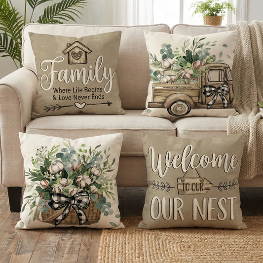 Set of 4 Decorative Spring Wreath Pillow Covers - Watercolor Wildflower Meadow & Sweet Home Linen Cushion Case for Farmhouse Decor Room Bedroom Sofa Chair Car 26-2-10