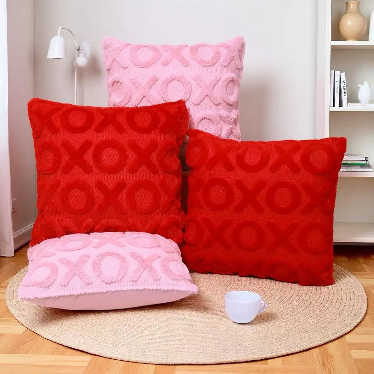 18x18 in Square Pillow Covers (Pack of 2) - Pink Embroidered Xoxo Heart Motif, Fluffy Plush, Anniversary Gift, Adds Soft Charm to Sofa and Bedroom, Bedroom-Ready Romantic Touch, Festive Home Decor Cases