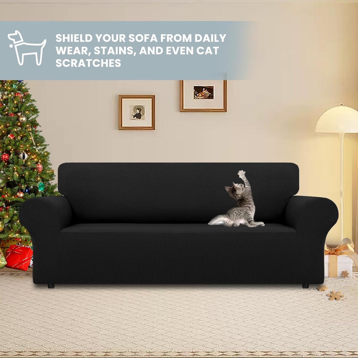 LURKA Stretch Couch Cover for Sofa, 1 Piece 3 Cushion Slipcover, Black