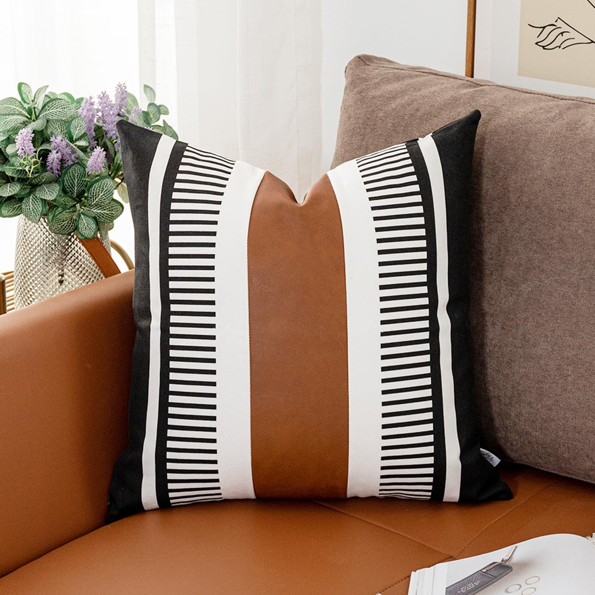 Decorative Striped Throw Pillow Cover 18x18 Black White & Brown
