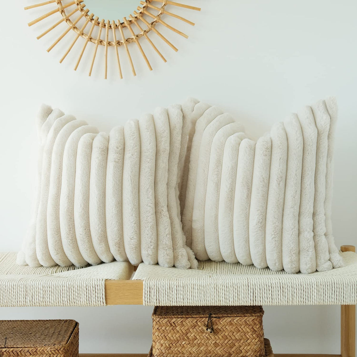 JOJUSIS Faux Fur Plush Throw Pillow Covers, Beige, 18 x 18-Inch