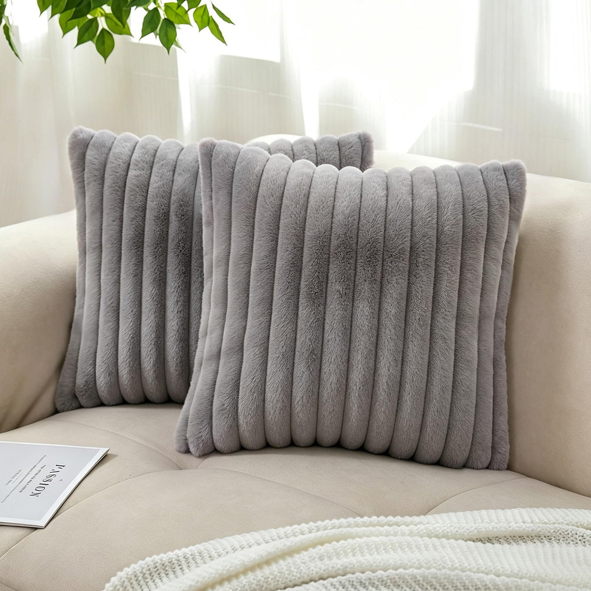 Pack of 2 Faux Fur Striped Decorative Throw Pillow Covers, Square Striped Cushion Covers, Modern Farmhouse Style Home Decor, Suitable for Living Room Sofas and Sofa Beds(Beige, 18" x 18")