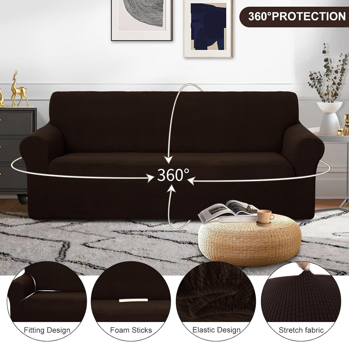 U-NICE HOME Stretch Couch Cover Slipcover for 3 Cushion Sofa, Chocolate