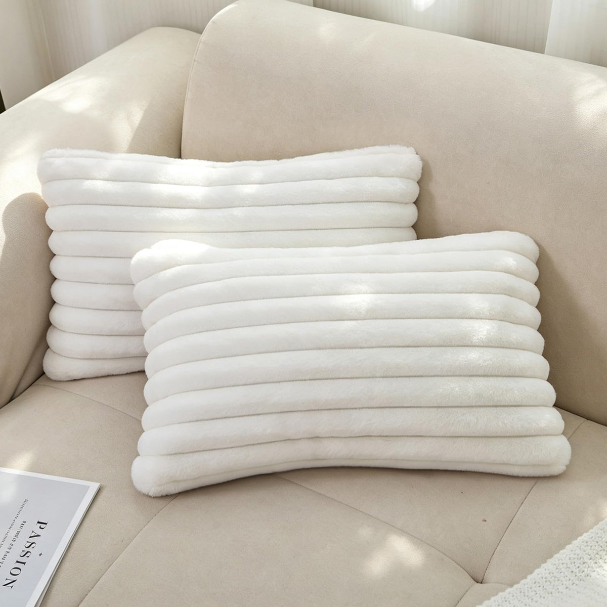 Pack of 2 Faux Fur Striped Decorative Throw Pillow Covers, Square Striped Cushion Covers, Modern Farmhouse Style Home Decor, Suitable for Living Room Sofas and Sofa Beds(Beige, 18" x 18")