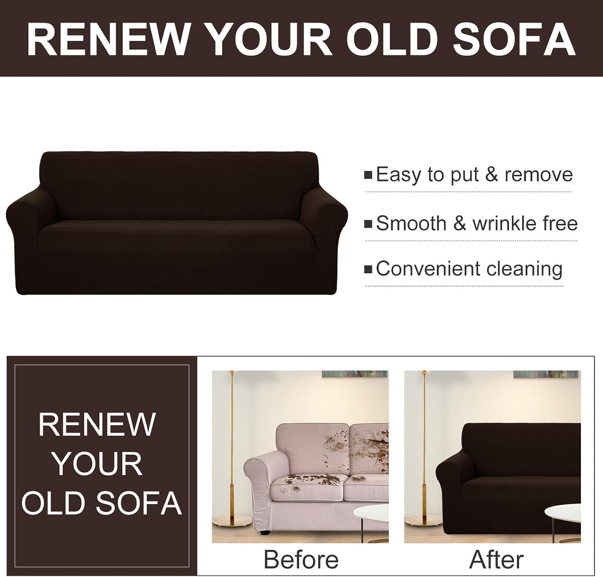 U-NICE HOME Stretch Couch Cover Slipcover for 3 Cushion Sofa, Chocolate