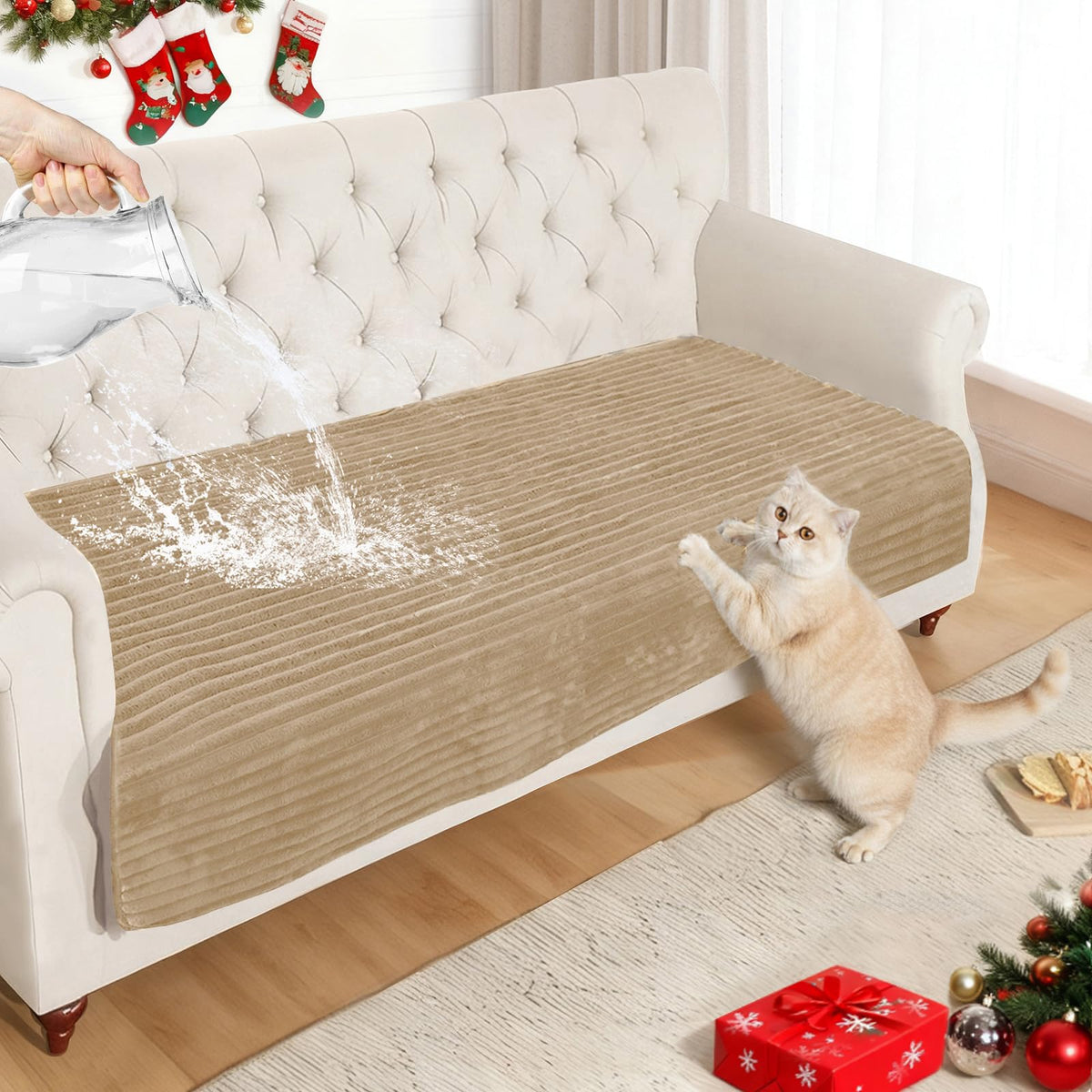NAISI Couch Covers for Dogs Waterproof Flannel Striped Sofa Cover Pet Friendly Washable Dog Mat for Couch Anti Slip Sectional Sofa Slipcover Protector(2pcs/35"x63"+35"x70",Khaki)