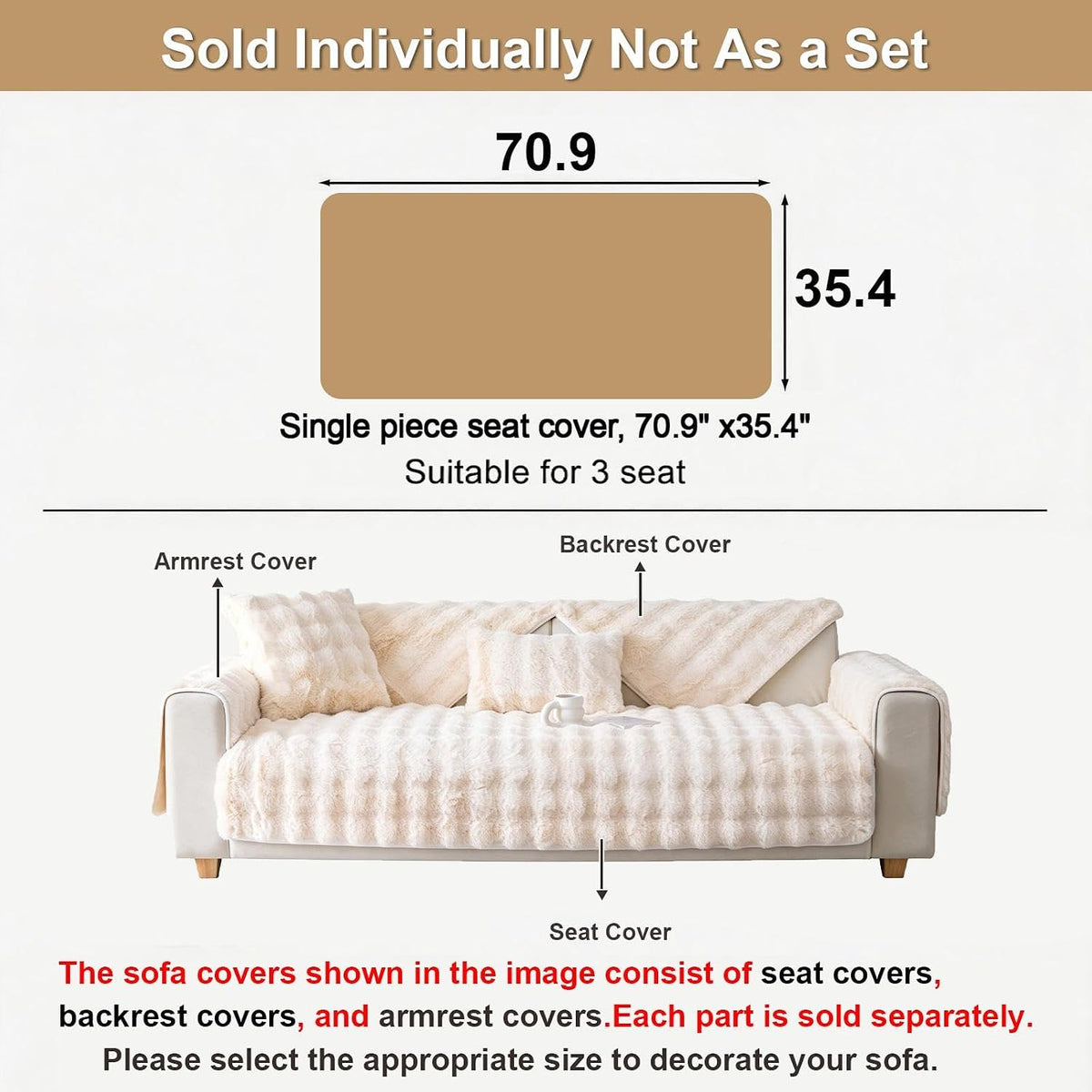 Faux Fur Sofa Cover, Rabbit Plush Couch Cover, Non-Slip Couch Covers Washable, Cosy Plush Sofa Slipcover, Furniture Protector for L Shaped(1pc/ White /36"x70")