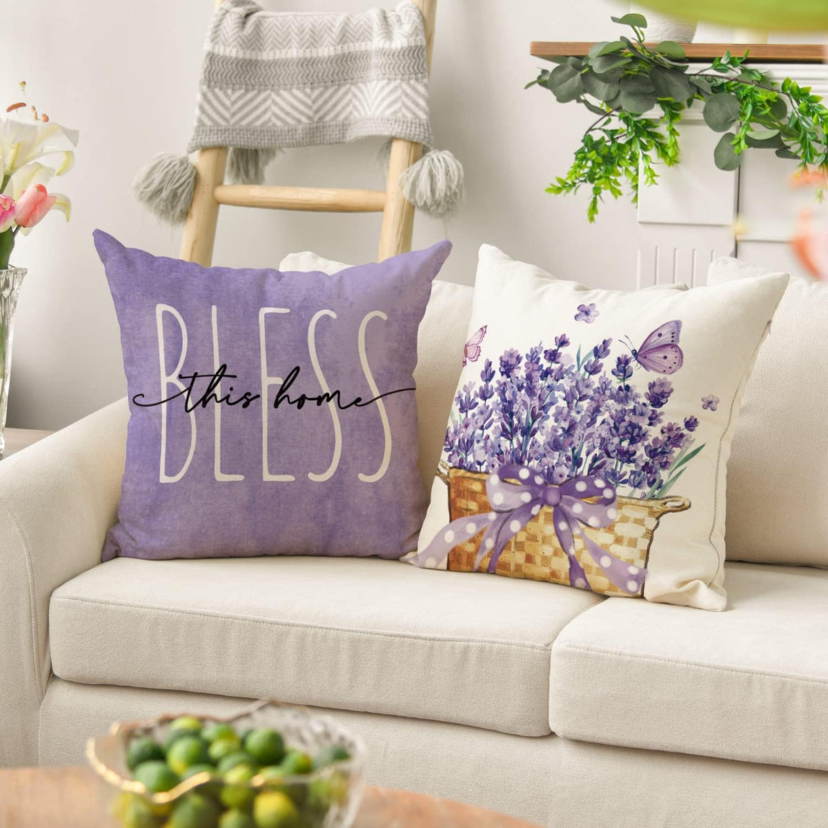 AVOIN colorlife Lavender Bless This Home Sweet Home Spring Throw Pillow Covers, 20 x 20 Inch Purple Cushion Case for Sofa Couch Set of 4
