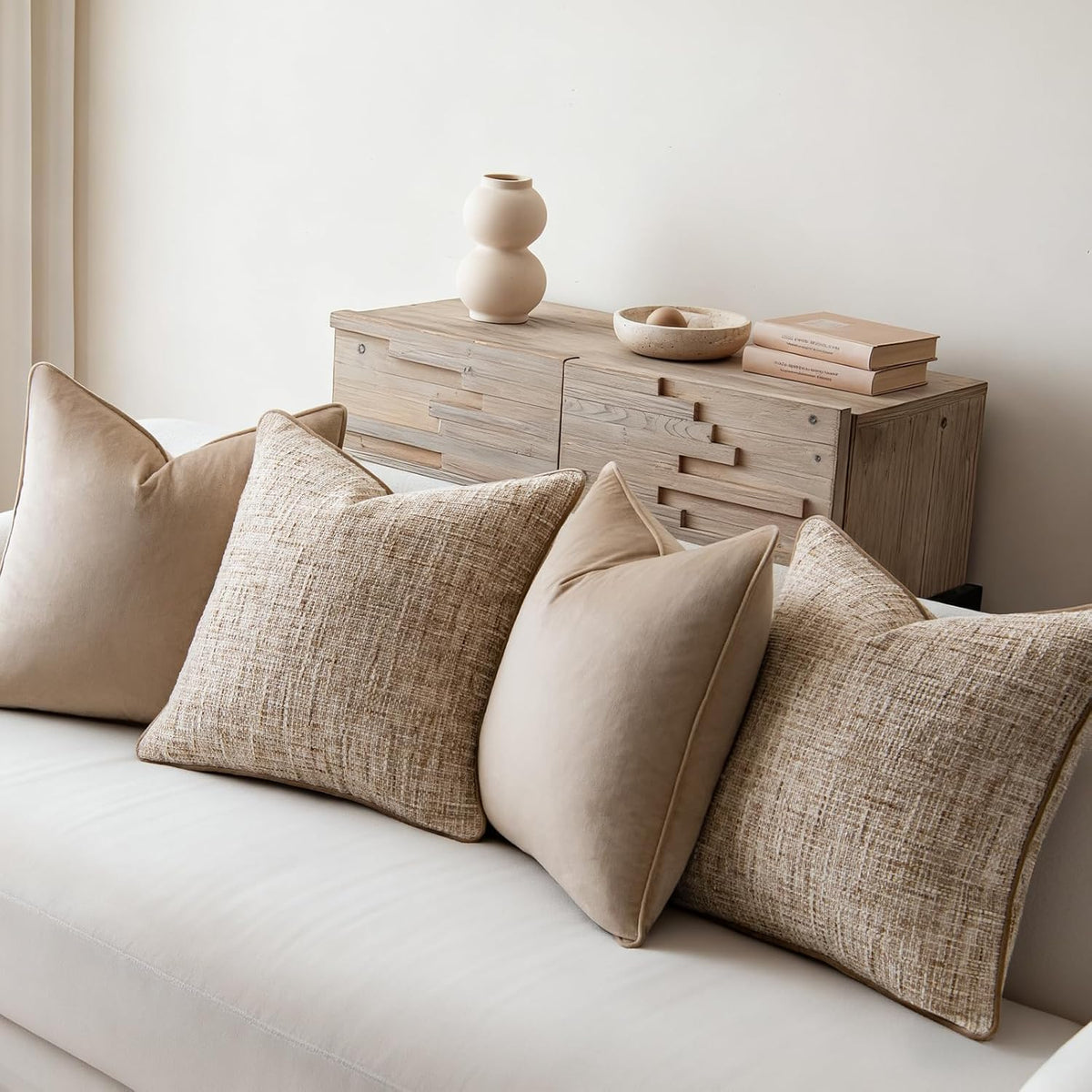 a moment Khaki 4 Pack Throw Pillow Covers - Chenille & Velvet Set with Piping, Farmhouse Textured Design Cushion Cases for Couch Sofa Bed (18x18 Inch, No Insert)