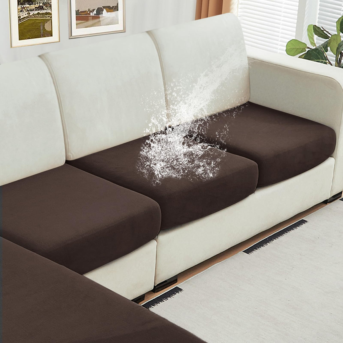 NAISI Waterproof Couch Cushion Covers Thick Velvet Fabric Washable Sofa Slipcovers Sectional Couch Covers for 4 Pieces Separate L Shape Couch Cover with Elastic Bottom(3 Seater + 1 Chaise,Grey)