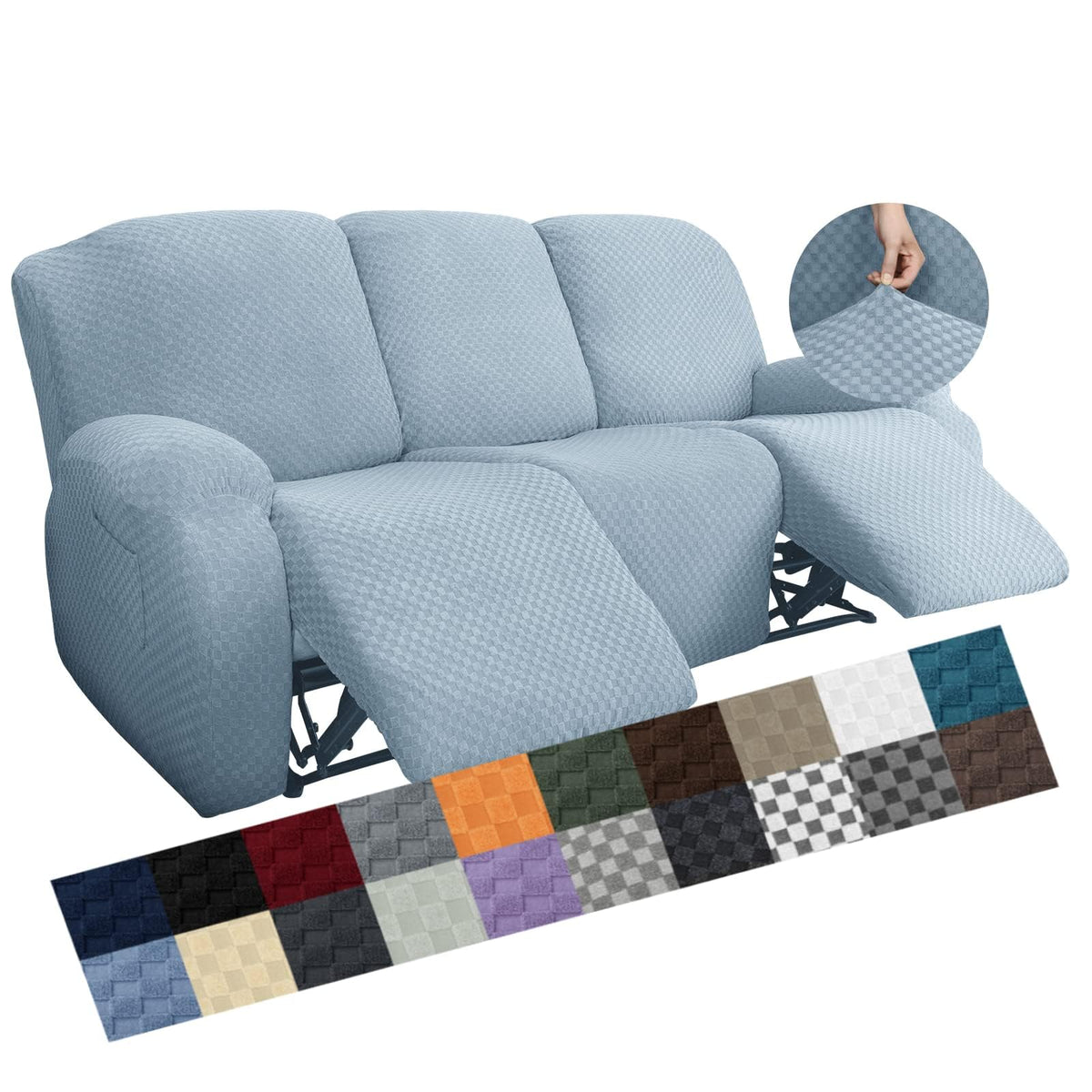 YEMYHOM 8 Pieces Stretch Recliner Sofa Cover Latest Jacquard Reclining Couch Cover with Side Pocket Anti-Slip Fitted 3 Cushion Furniture Slipcovers with Elastic Bottom (Sofa Recliner, Light Gray)