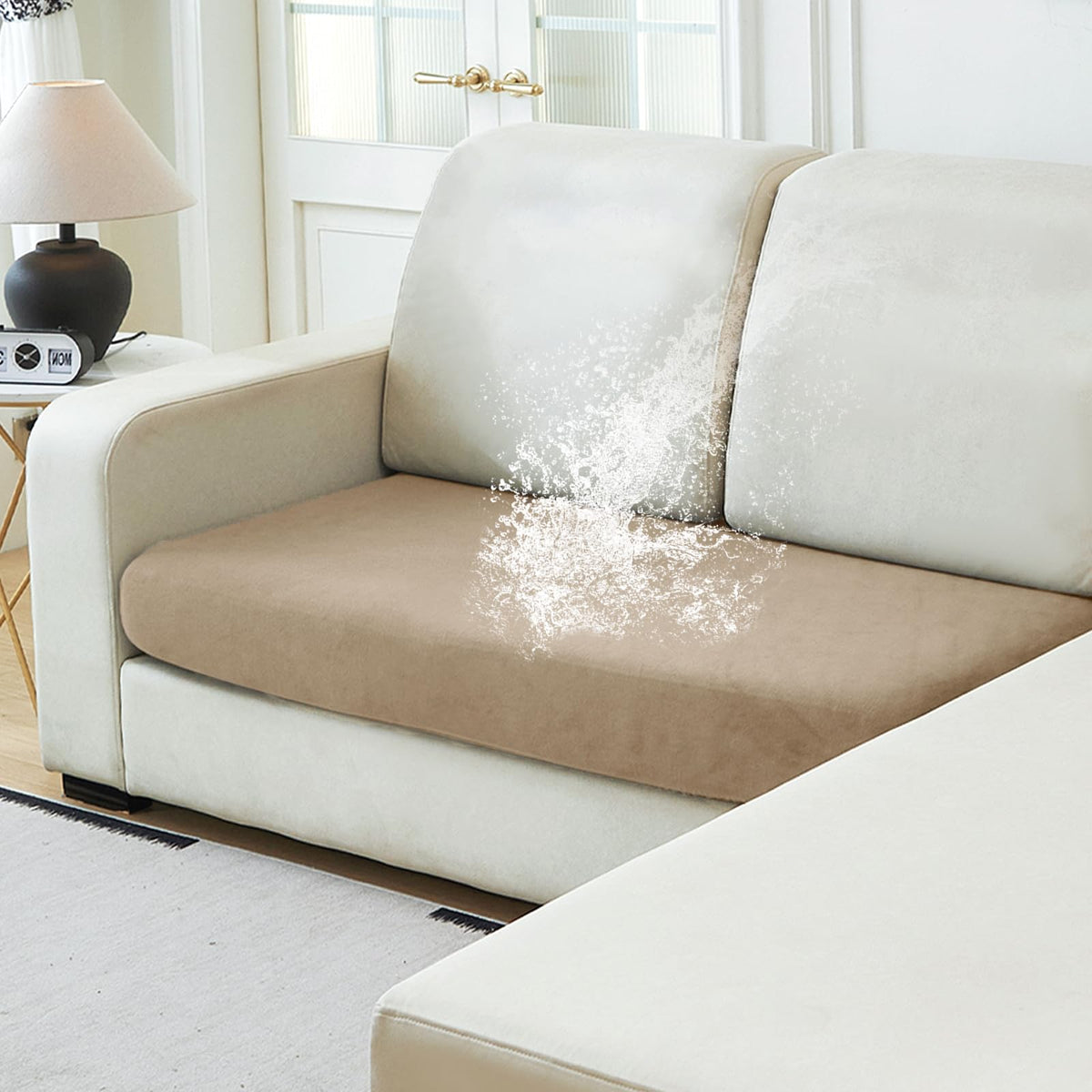 NAISI Waterproof Couch Cushion Covers Thick Velvet Fabric Washable Sofa Slipcovers Sectional Couch Covers for 4 Pieces Separate L Shape Couch Cover with Elastic Bottom(3 Seater + 1 Chaise,Grey)