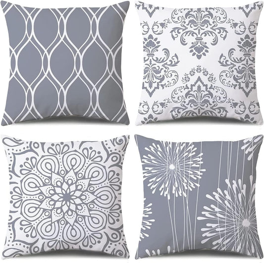 Coliuso Decorative Throw Pillow Covers 18x18 Set of 4, Grey and White Modern Simple Square Pillow Case Cushion Cover for Sofa Couch Farmhouse Outdoor Living Room (Gray and White, 18" x18")