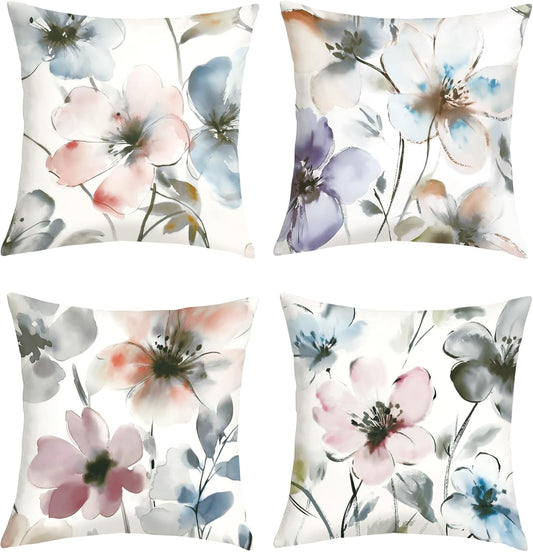 18x18 Set of 4 Watercolor Flower Throw Pillow Cushion Covers