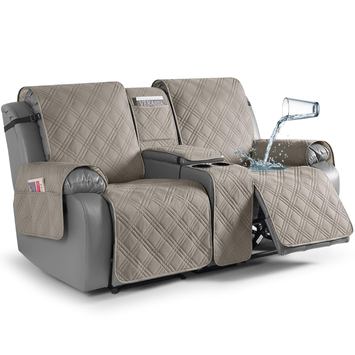 TAOCOCO Loveseat Recliner Cover with Center Console, 100% Waterproof Pet Cover for Dual Recliner with Straps Design, Split Reclining Loveseat Covers Furniture Pet&Kids Protector (2 Seater, Chocolate)