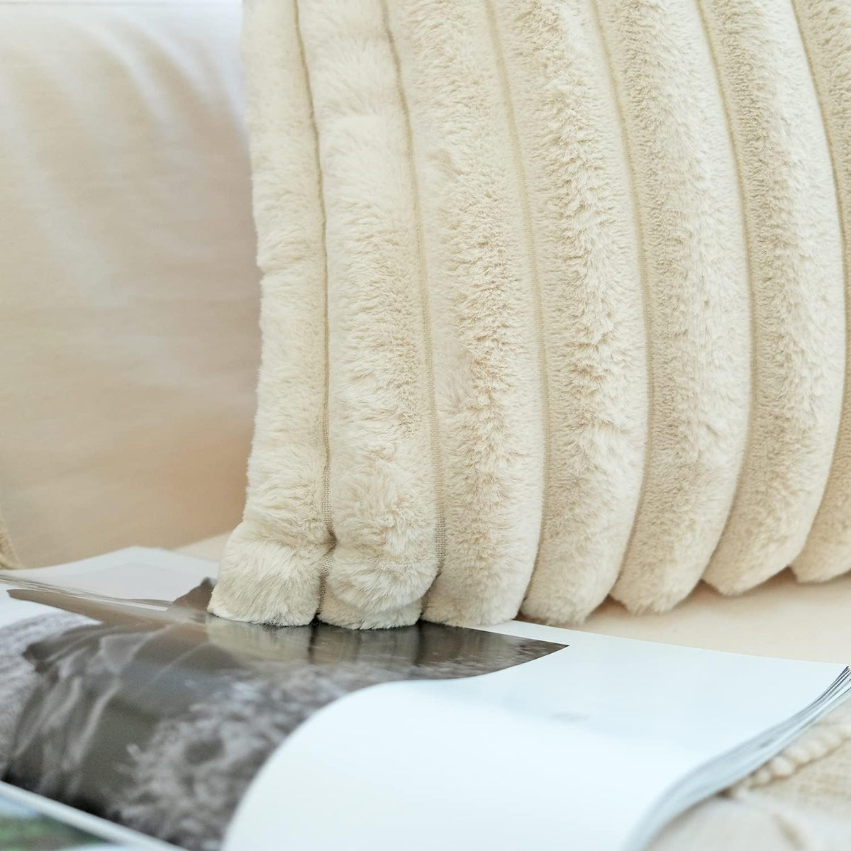 JOJUSIS Faux Fur Plush Throw Pillow Covers, Beige, 18 x 18-Inch