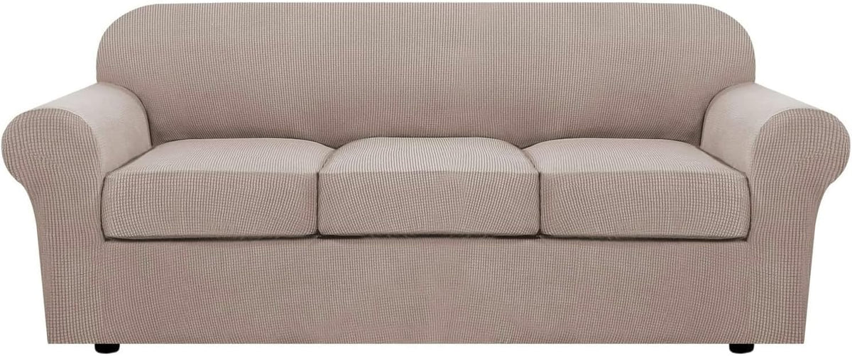 H.VERSAILTEX 4 Piece Stretch Sofa Covers for 3 Cushion Couch Covers for Living Room Slipcovers (Base Cover Plus 3 Seat Cushion Covers) Upgraded Thicker Jacquard Fabric (Sofa, Sand)