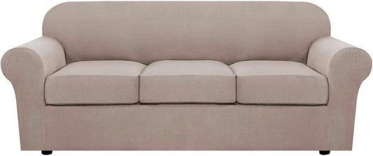H.VERSAILTEX 4 Piece Stretch Sofa Covers for 3 Cushion Couch Covers for Living Room Slipcovers (Base Cover Plus 3 Seat Cushion Covers) Upgraded Thicker Jacquard Fabric (Sofa, Sand)