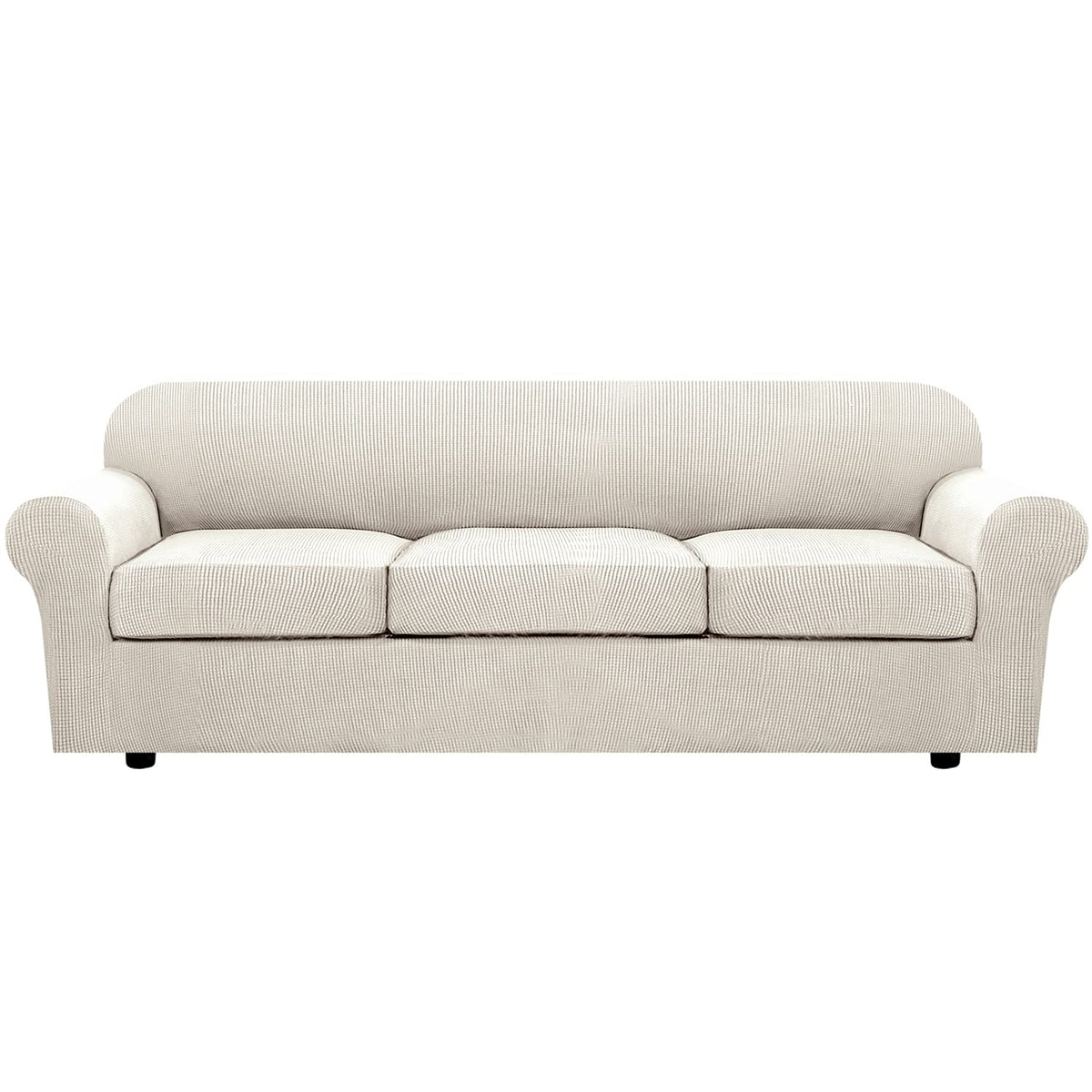 H.VERSAILTEX 4 Piece Stretch Sofa Covers for 3 Cushion Couch Covers for Living Room Slipcovers (Base Cover Plus 3 Seat Cushion Covers) Upgraded Thicker Jacquard Fabric (Sofa, Sand)