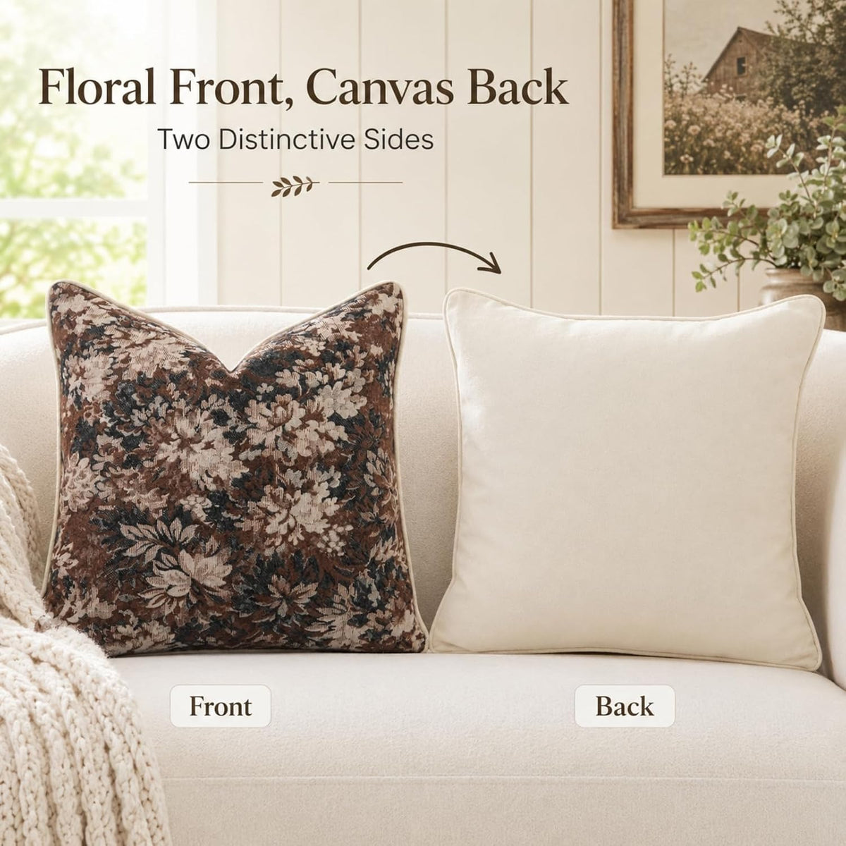 CROWNED BEAUTY Farmhouse Floral Throw Pillow Covers, 20x20, Brown, Set of 2