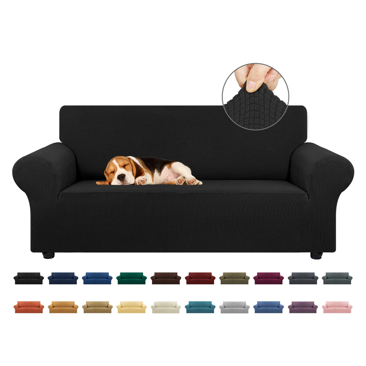 KEKUOU Stretch Couch Covers for Sofa, 3 Cushion Couch Slipcover,Black