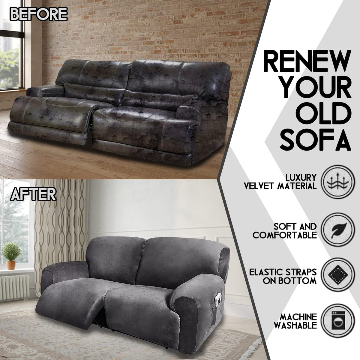 ULTICOR Extra Wide 75-100" 2 Seater Reclining Sofa Slipcover, Velvet Stretch 6-Piece, Soft Washable (Dark Grey)