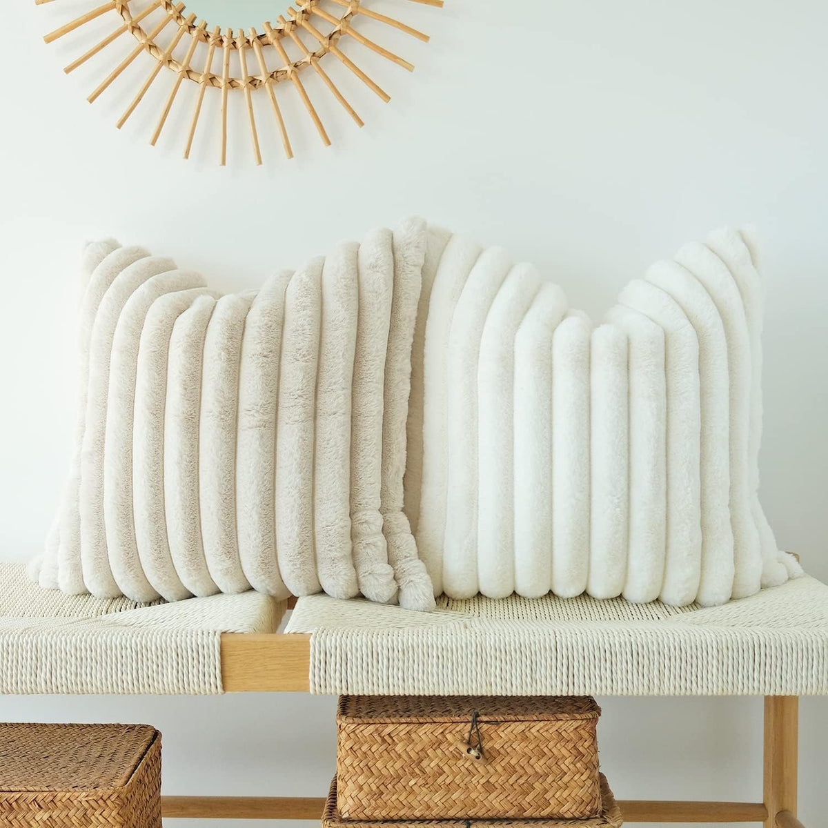 JOJUSIS Faux Fur Plush Throw Pillow Covers, Beige, 18 x 18-Inch