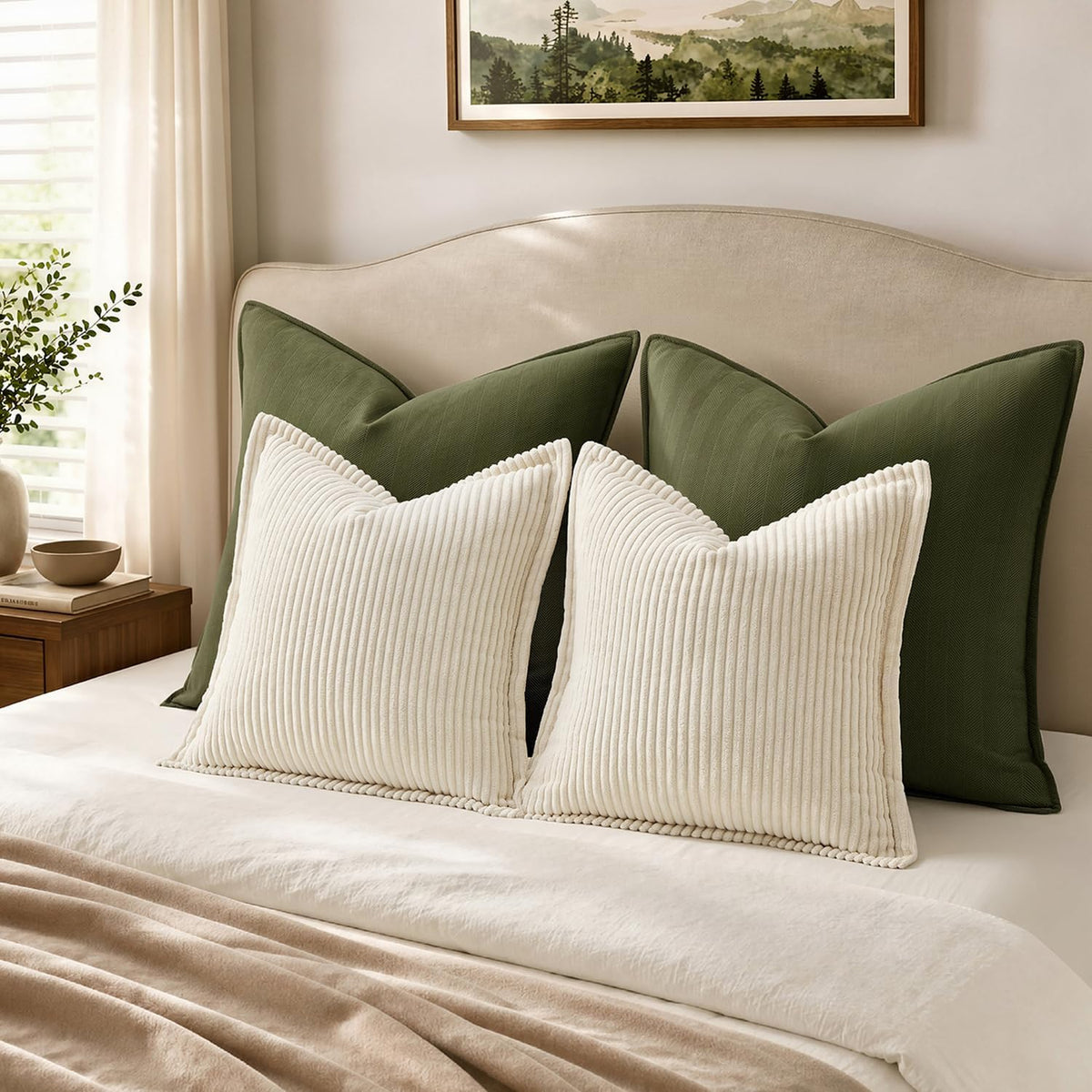 MIULEE Couch Pillow Covers 18x18 Cream White Textured Corduroy