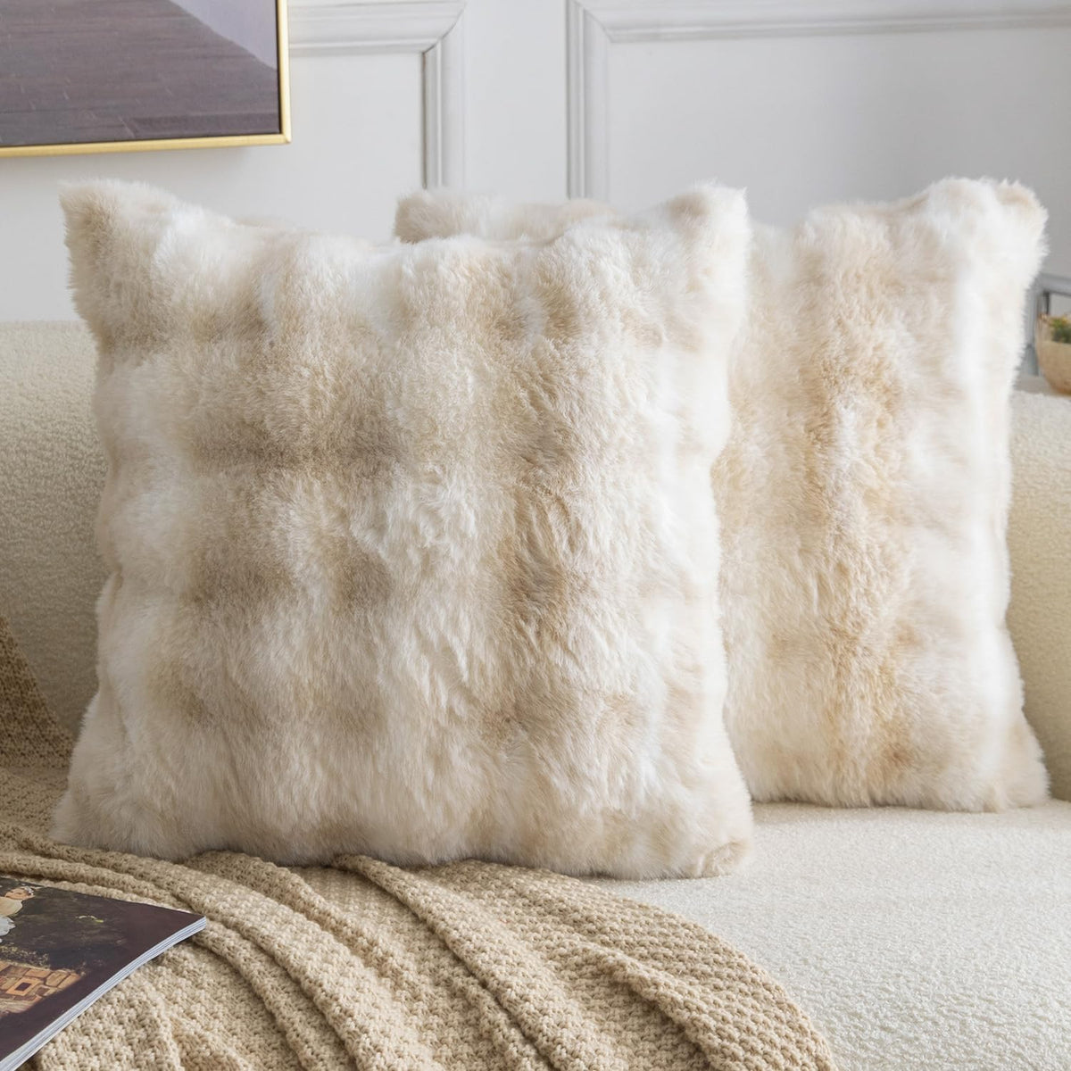 MADIZZ Pack of 2 Thick Plush Faux Wool Throw Pillow Covers Soft Boho Throw Pillows Luxurious Cushion Covers for Couch Sofa Bedroom Living Room Home Decor 18x18 Inch Cream
