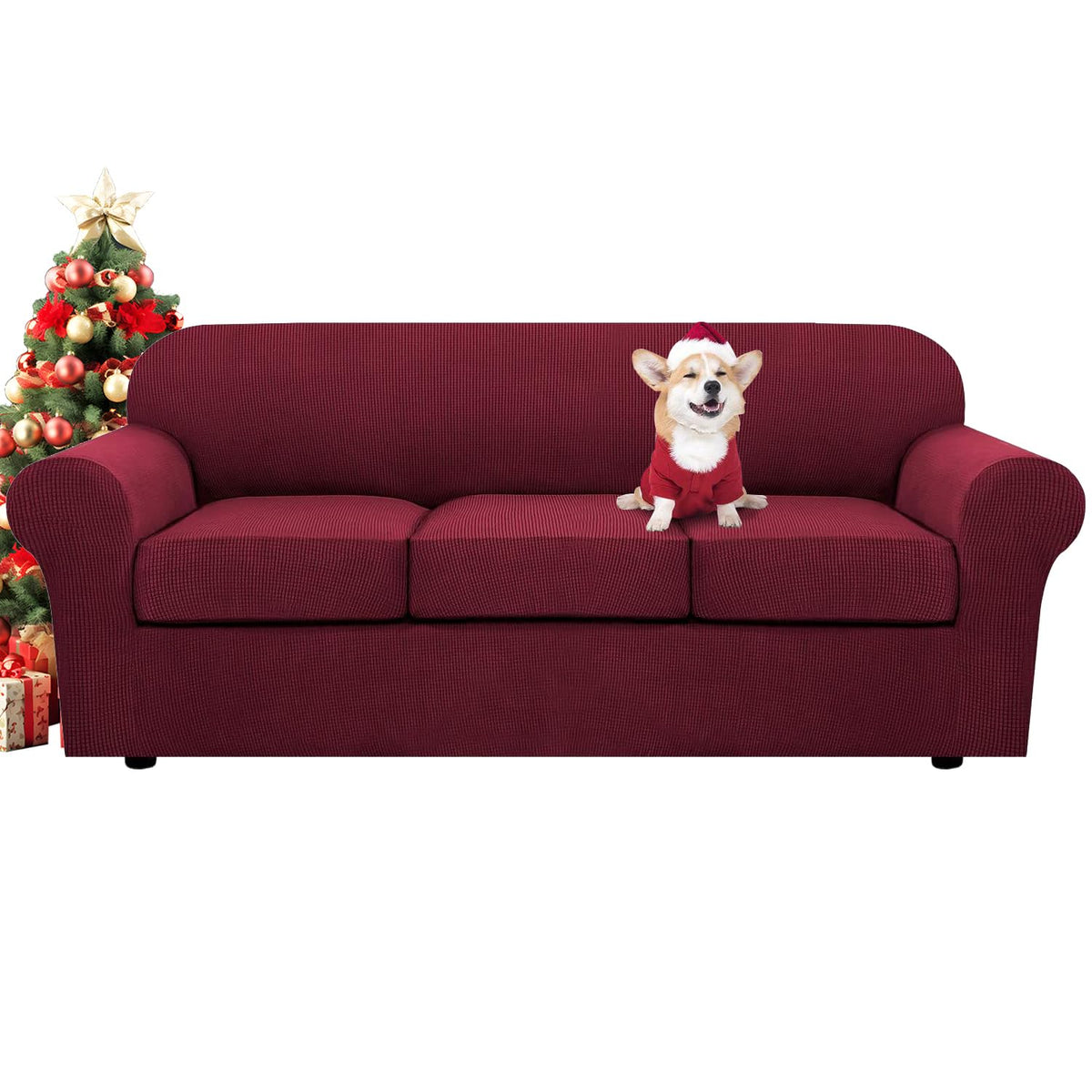 H.VERSAILTEX 4 Piece Stretch Sofa Covers for 3 Cushion Couch Covers for Living Room Slipcovers (Base Cover Plus 3 Seat Cushion Covers) Upgraded Thicker Jacquard Fabric (Sofa, Sand)