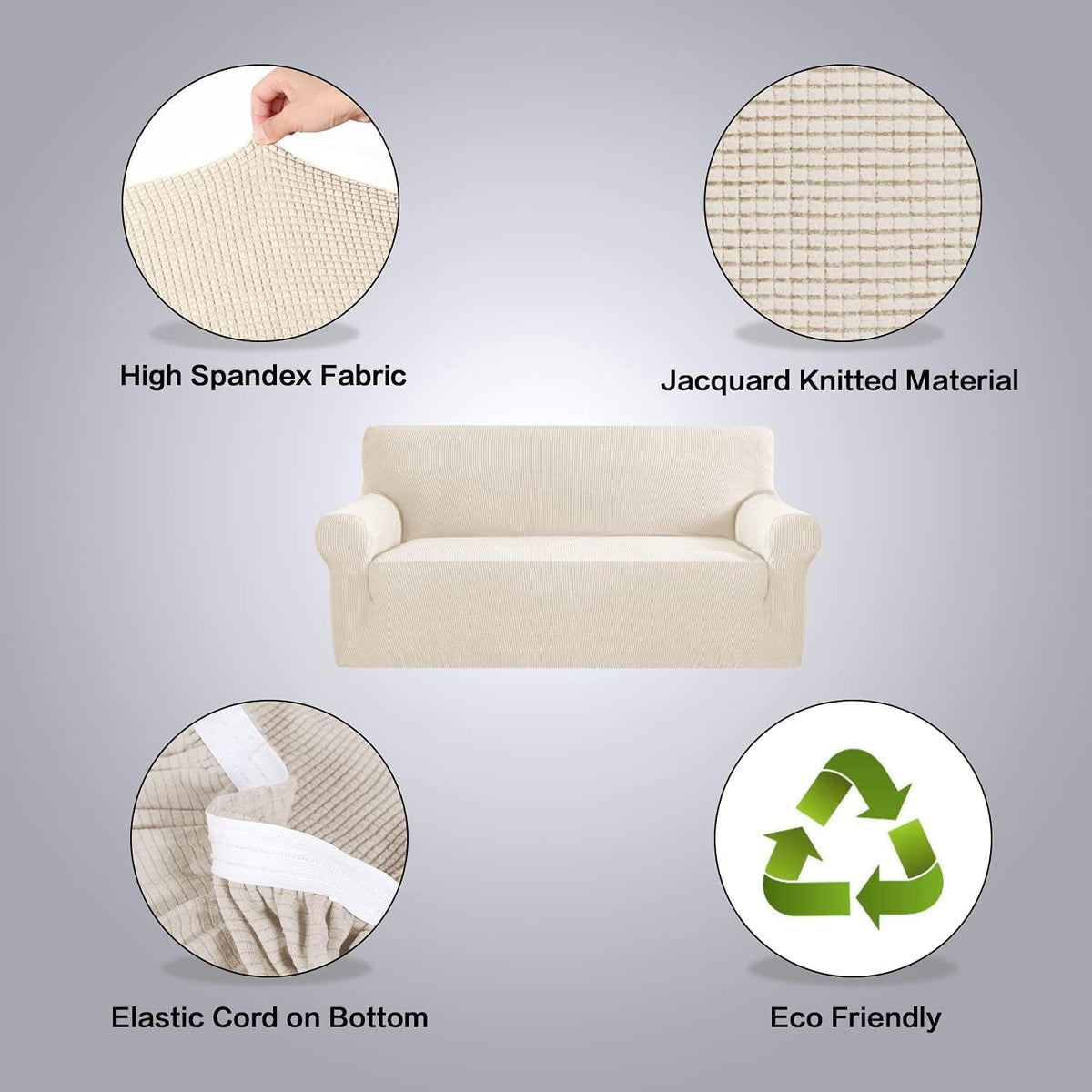 H.VERSAILTEX Stretch Sofa Covers for 3 Cushion Couch Covers Sofa Slipcovers for Living Room Feature Thick Checked Jacquard Fabric with Elastic Bottom, Sofa Large - Natural