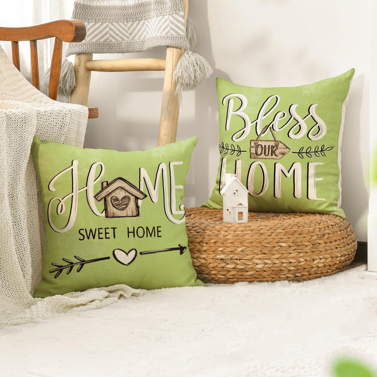 AVOIN colorlife Bless Our Home Eucalyptus Leaves Throw Pillow Covers, 18 x 18 Inch Spring Truck Cushion Case for Home Sofa Couch Set of 4