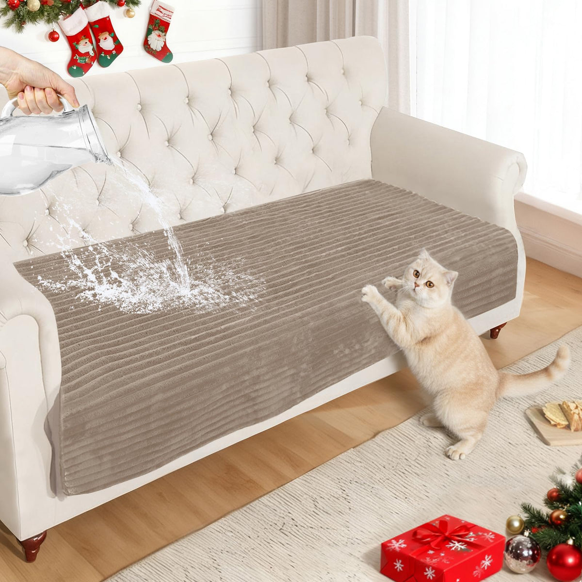 NAISI Couch Covers for Dogs Waterproof Flannel Striped Sofa Cover Pet Friendly Washable Dog Mat for Couch Anti Slip Sectional Sofa Slipcover Protector(2pcs/35"x63"+35"x70",Khaki)