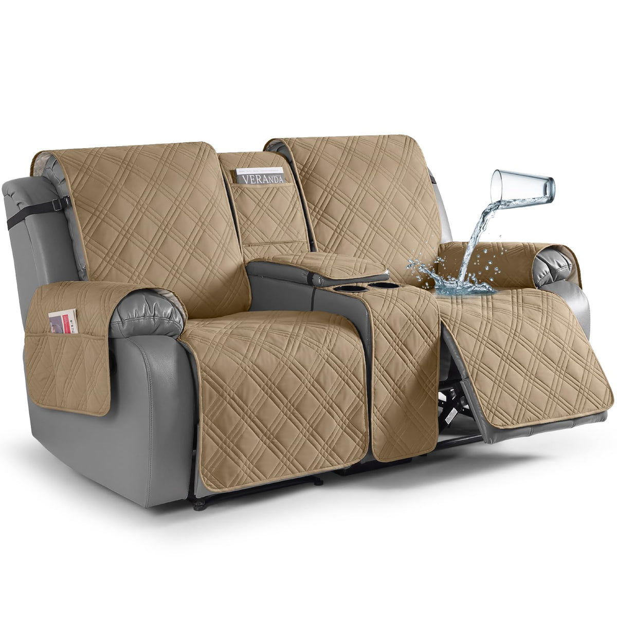 TAOCOCO Loveseat Recliner Cover with Center Console, 100% Waterproof Pet Cover for Dual Recliner with Straps Design, Split Reclining Loveseat Covers Furniture Pet&Kids Protector (2 Seater, Chocolate)