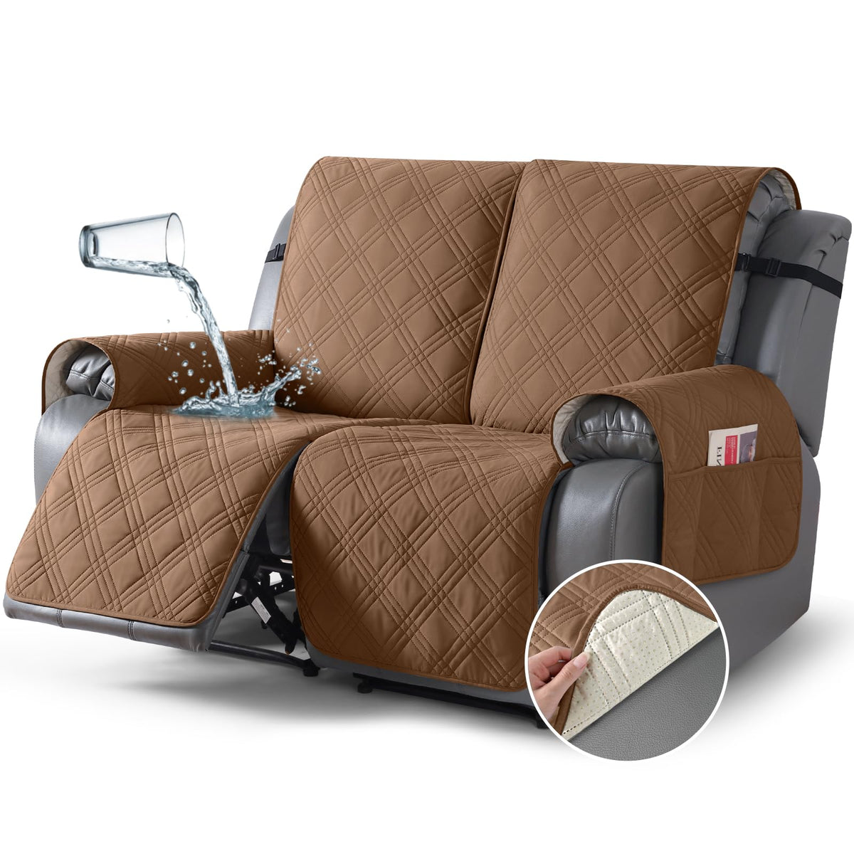 TAOCOCO 100% Waterproof Recliner Sofa Cover Non Slip Couch Cover for 3 Seat Reclining Sofa, Split Reclining Couch Covers 3-Piece with Straps, Washable Sofa Slipcover for Kids Pets(3 Seater, Chocolate)