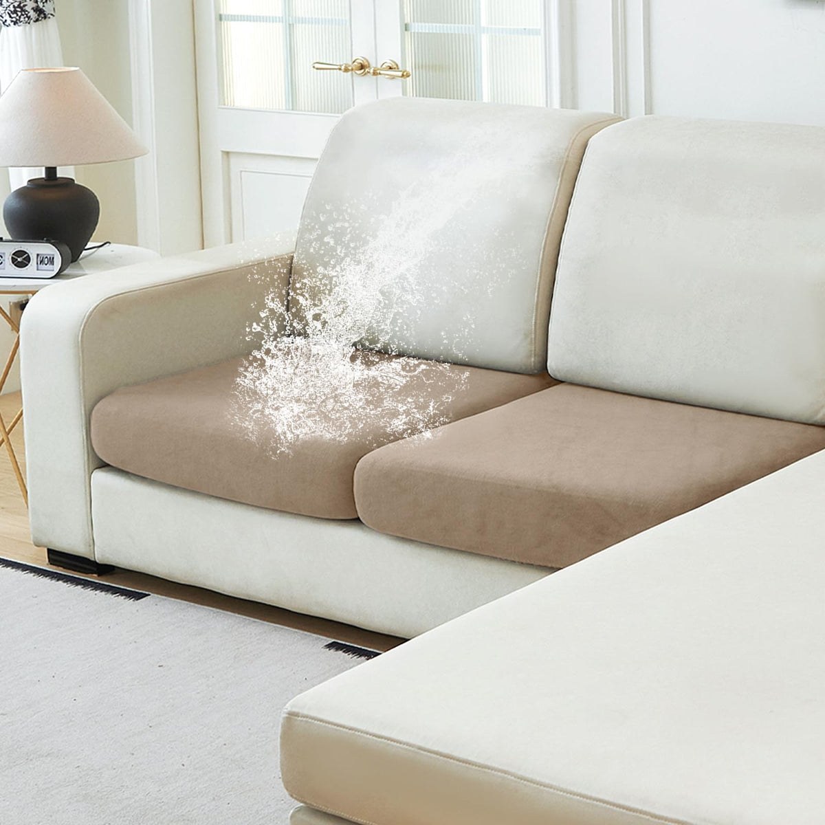 NAISI Waterproof Couch Cushion Covers Thick Velvet Fabric Washable Sofa Slipcovers Sectional Couch Covers for 4 Pieces Separate L Shape Couch Cover with Elastic Bottom(3 Seater + 1 Chaise,Grey)