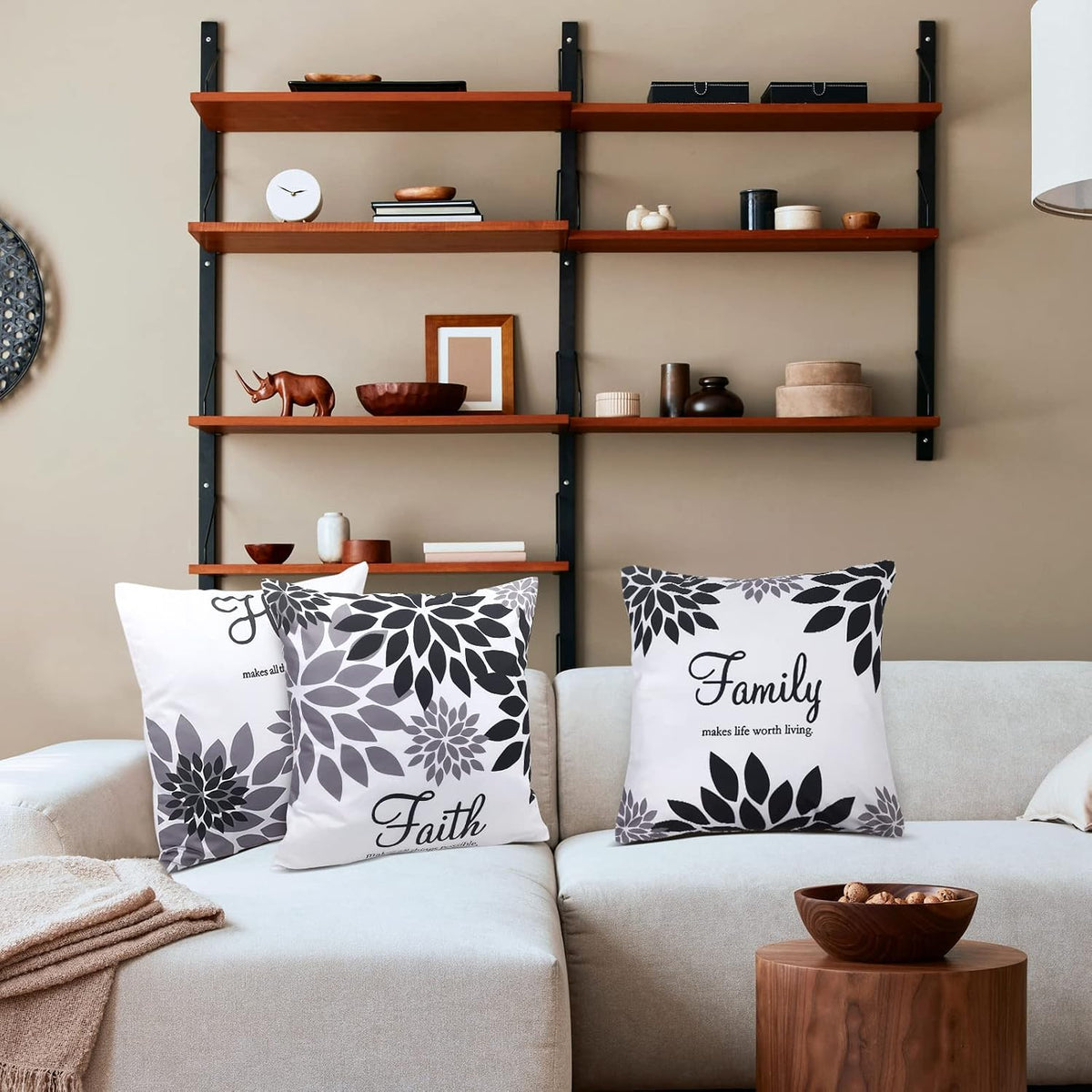 Tatuo 4 Pcs Flower Pillow Covers Square 18 x 18 Inch, Black Series
