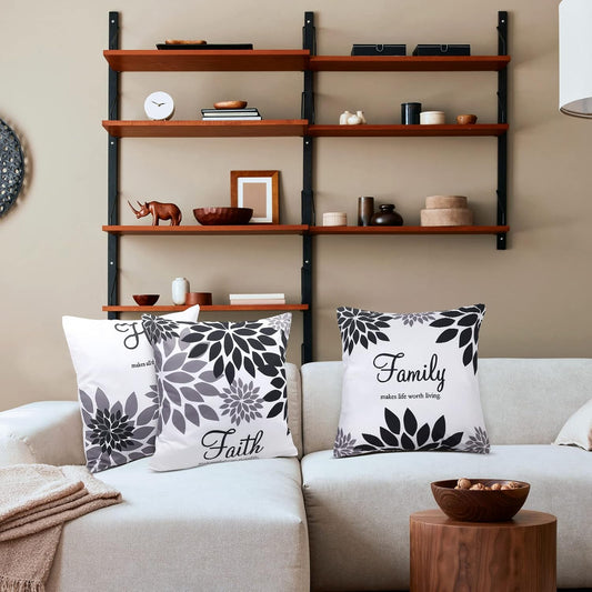 Tatuo 4 Pcs Flower Pillow Covers Square 18 x 18 Inch, Black Series