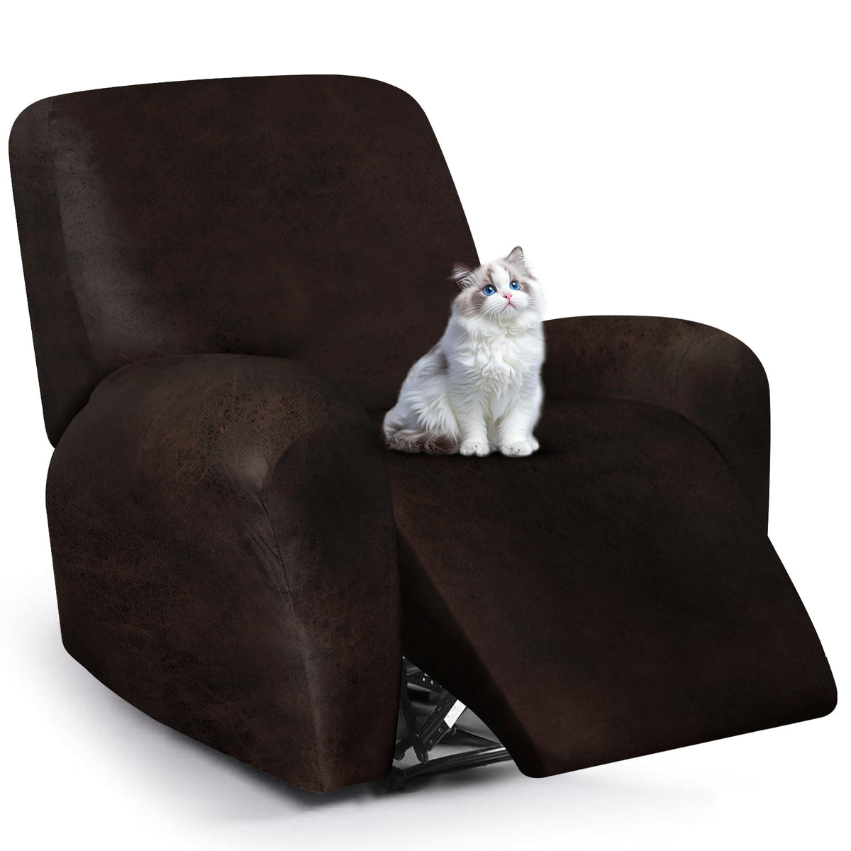 ANARACHON Leather Look Recliner Couch Cover, 8-Pieces Stretch Recliner Sofa Covers, Soft Reclining Slipcover, Washable Furniture Protector for Pets (3 Seater, Brown)