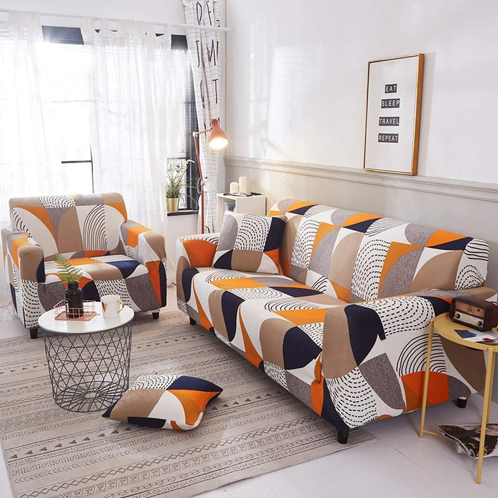 Shukii Stretch Couch Covers Printed Sofa Covers Slipcovers Loveseat for 2 Cushion Couches Furniture Protector with 1 Pillowcases
