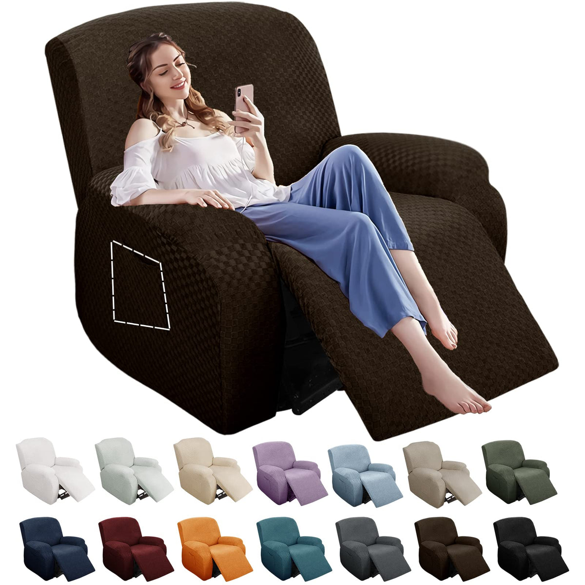 YEMYHOM 8 Pieces Stretch Recliner Sofa Cover Latest Jacquard Reclining Couch Cover with Side Pocket Anti-Slip Fitted 3 Cushion Furniture Slipcovers with Elastic Bottom (Sofa Recliner, Light Gray)