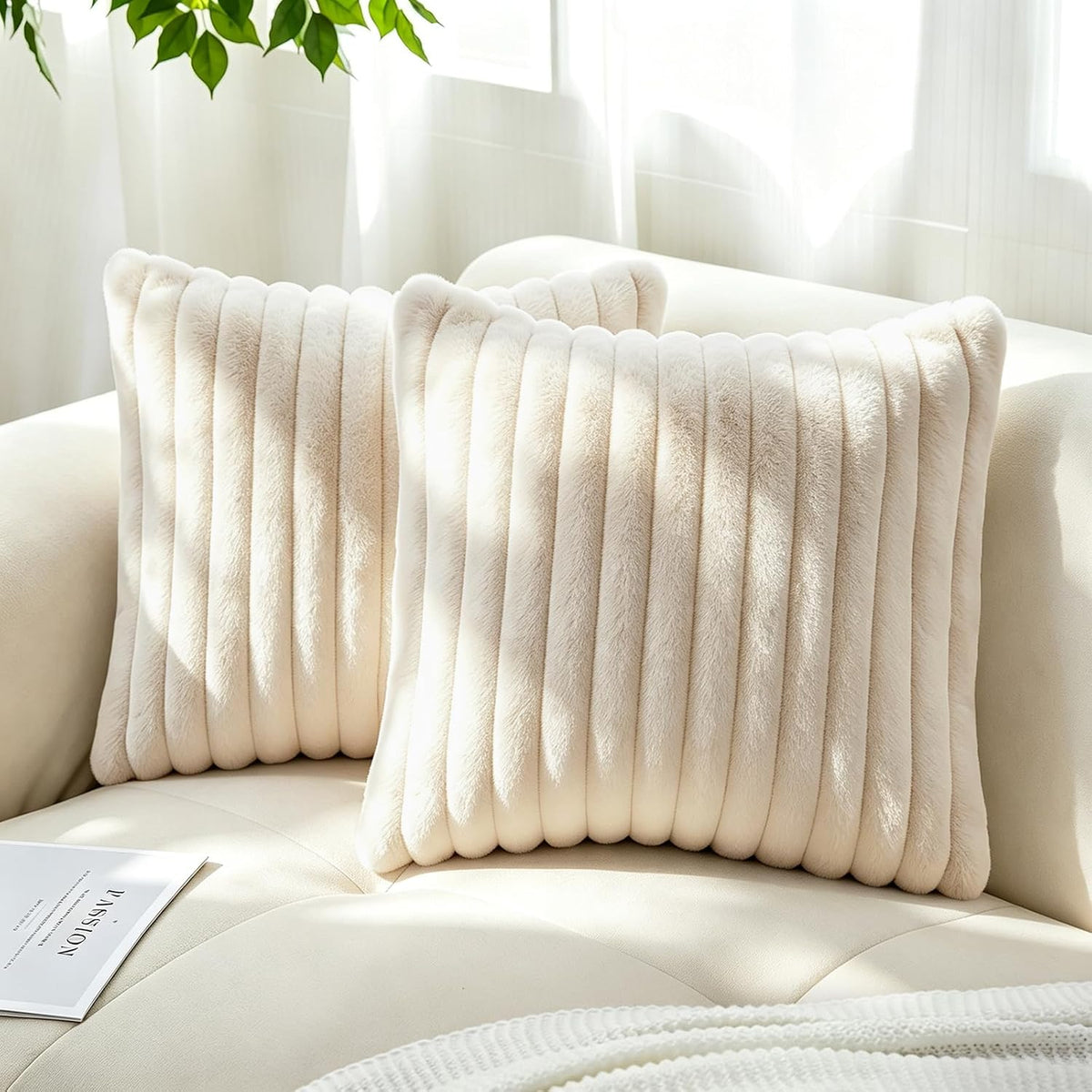 Pack of 2 Faux Fur Striped Decorative Throw Pillow Covers, Square Striped Cushion Covers, Modern Farmhouse Style Home Decor, Suitable for Living Room Sofas and Sofa Beds(Beige, 18" x 18")
