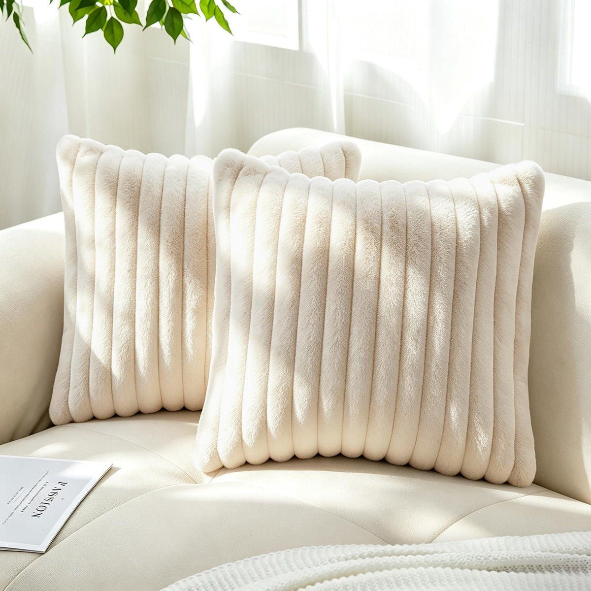 Pack of 2 Faux Fur Striped Decorative Throw Pillow Covers, Square Striped Cushion Covers, Modern Farmhouse Style Home Decor, Suitable for Living Room Sofas and Sofa Beds(Beige, 18" x 18")